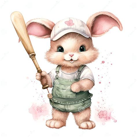 Cute Bunny With Baseball Bat Watercolor Illustration Stock Illustration
