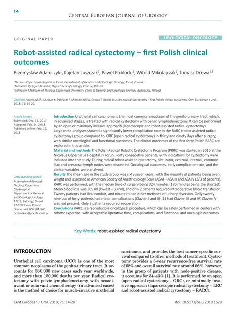 Pdf Robot Assisted Radical Cystectomy First Polish Clinical Outcomes