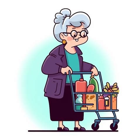 Premium Photo Cartoon Illustration Of An Old Woman Pushing A Shopping Cart Full Of Groceries