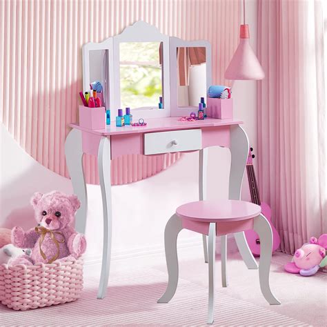 UHOMEPRO Kids Vanity Set, Princess Makeup Vanity with Mirror, Stool