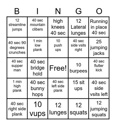 Workout Bingo Card