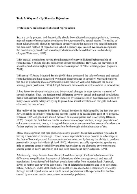 Biol Evolution Topic Why Sex Topic Why Sex By Shanelka