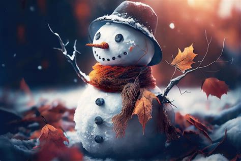 Premium Photo | Happy snowman in winter secenery background