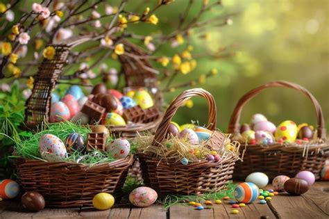 Premium Photo Basket Of Easter Eggs On Green Grass At Sunny Day