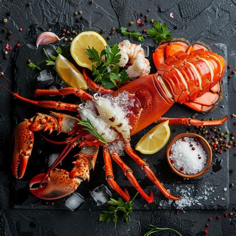 Premium Photo Chilled Lobster And Crab Legs With Ice And Lemon On A