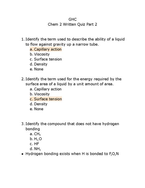 GHC Chem 2 Written Quiz Part 2 - a. Capillary action b. Viscosity c