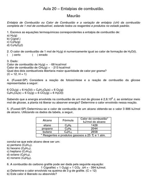 Entalpias de Combustão: Exercícios e Exemplos | PDF