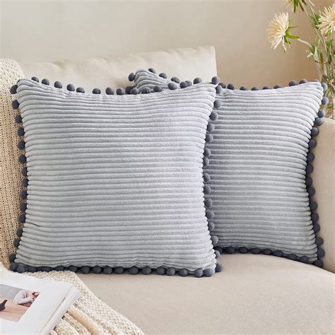 Anroduo Pack Of 2 Light Grey Boho Decorative Pillow Covers With Pom Poms Pillow