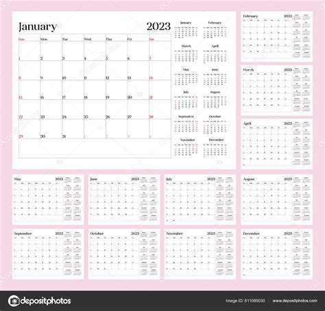 English Language Planer Calendar 2023 Week Starts Sunday Vector