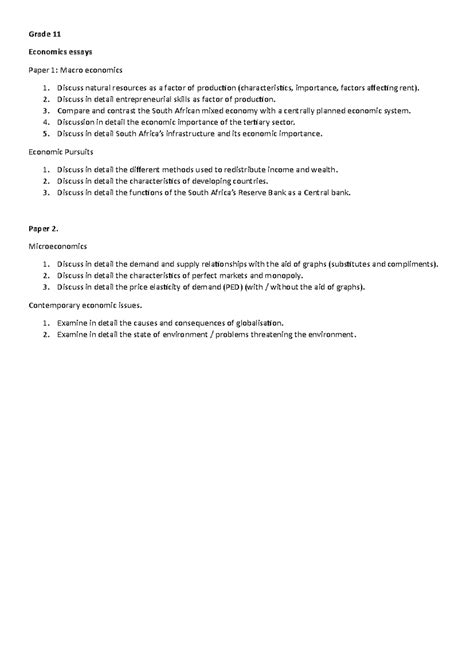 Grade 11 Economics Essay Topics: Macro and Micro Perspectives - Studocu