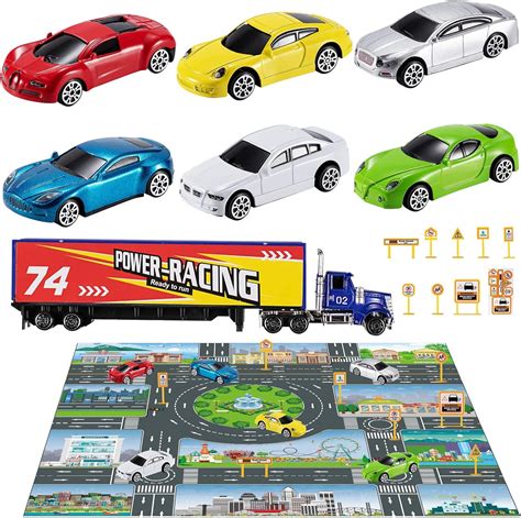 TEMI Diecast Racing Cars Toy Set with Activity Play Mat, Truck Carrier ...