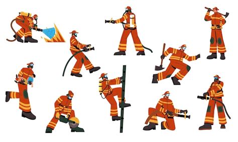 Premium Vector Firefighter Characters Cartoon Fireman In Uniform With