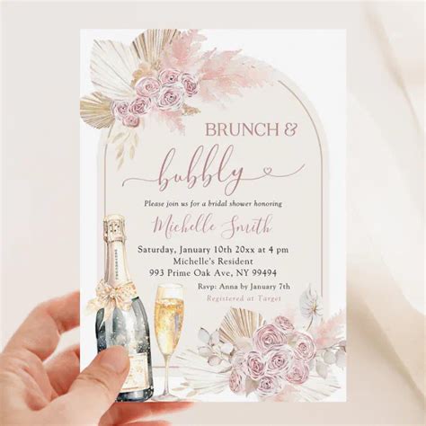 Boho Blush Pink Floral Brunch Bubbly Bridal Shower Invitation Zazzle