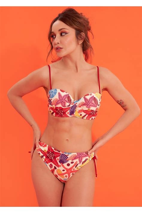 Yanları Büzgülü Straplez Desenli Bikini Takım Nbb 51514 icgiyimozel