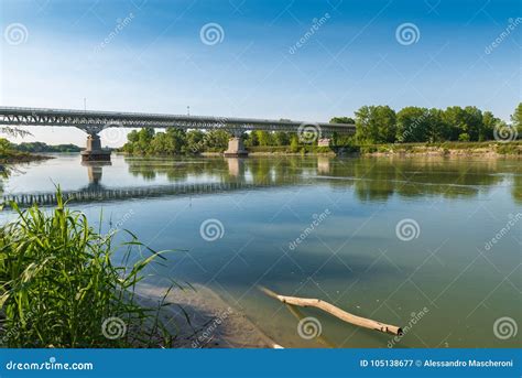 Po River At The Medieval Town Of Piacenza Italy Car Bridge That Leads