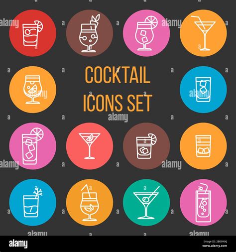 Colorful Cocktail Thin Line Vector Icons Set Drink Glass Collection