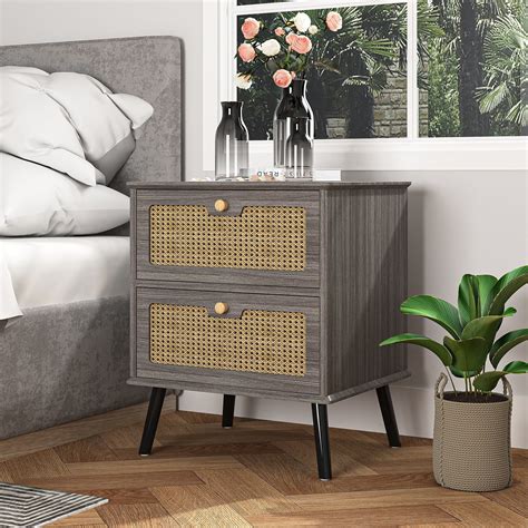 Hommoo 2 Rattan Drawers Nightstand, Modern Wood Side Table Bedside End ...