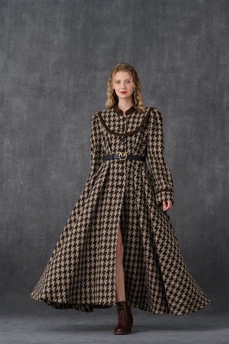 Maxi Wool Coat Houndstooth Vintage Wool Coat Single Breasted Wool