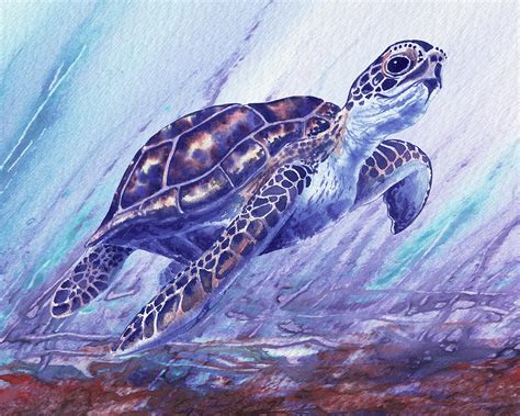 Watercolor Giant Sea Turtle In Purple Ocean Painting By Irina