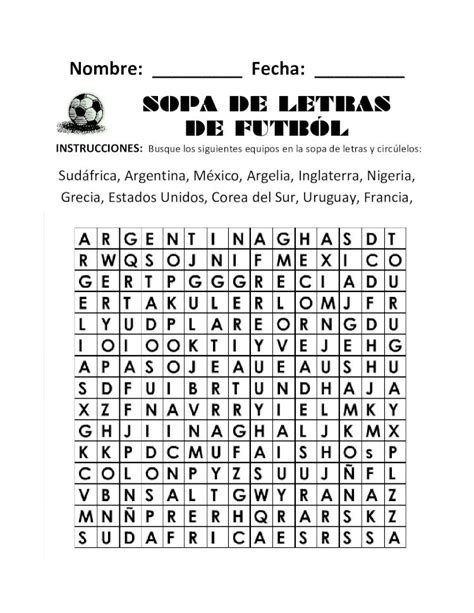 PDF SOPA DE LETRAS DE FUTBÓL de Letras Nombre RESPUESTAS