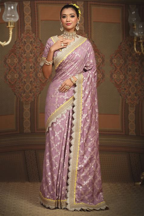 Buy Purple Saree Embellished Gota V Floral Woven Chanderi With Blouse