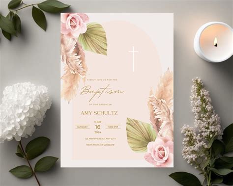 Boho Baptism Invitation Girl Digital Download Simple Blush Etsy