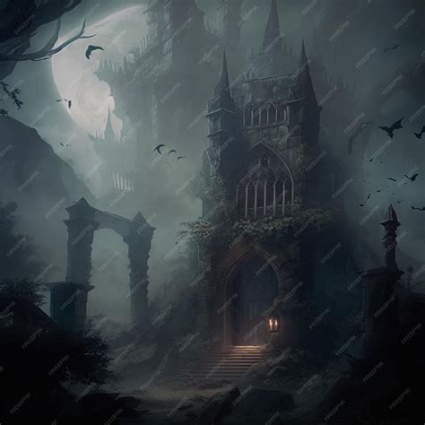 Premium Photo The Surroundings Of A Gloomy Gothic Castle In The Fog