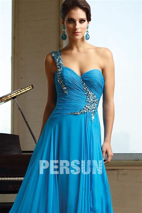 Robe De Bal En Mousseline De Soie Bleue Orn E De Strass A Ligne