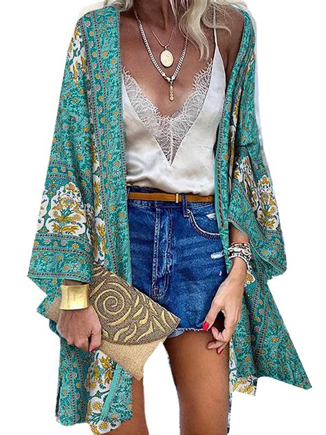 Lilylll Plus Size Womens Boho Floral Cover Up Blouse Kimono Open Front Cardigan Tops