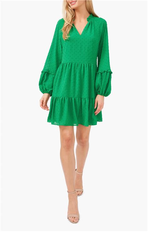 Cece Clip Dot Ruffle Long Sleeve Shift Dress