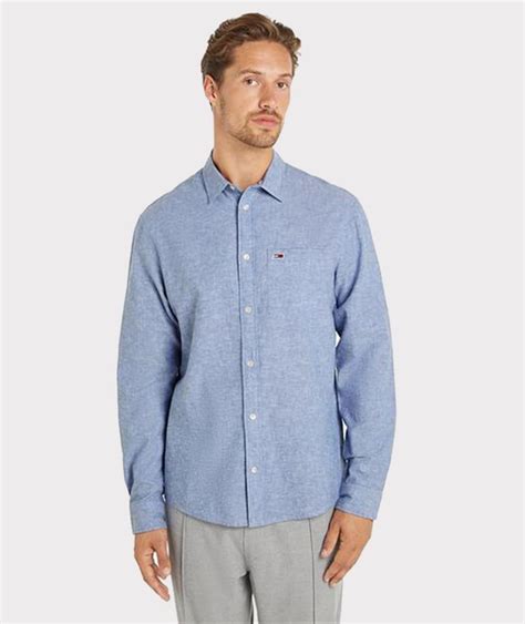 Tommy Jeans Camicia Regular In Misto Lino Azzurra Uomo