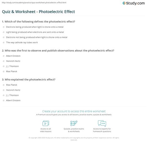 Quiz And Worksheet Photoelectric Effect