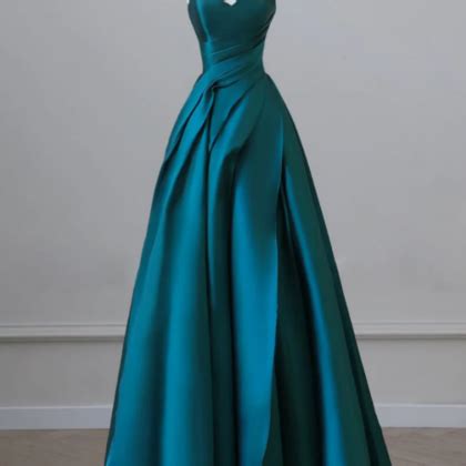 A Line Strapless Satin Peacock Blue Long Prom Dress, Simple Peacock ...