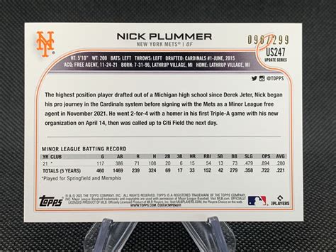 2022 Topps Update Nick Plummer 299 Orange Foil Color Match RC US247