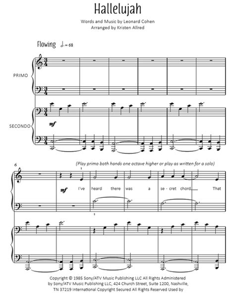 Hallelujah from Shrek - Easy Piano Duet Sheet Music Download