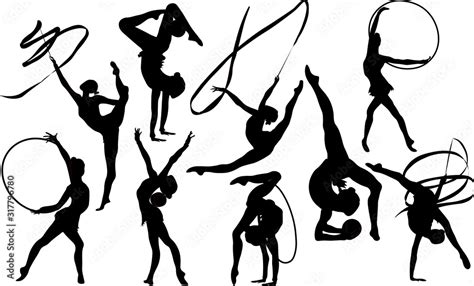 Set girl rhythmic gymnastics silhouette vector illustration. Training ...