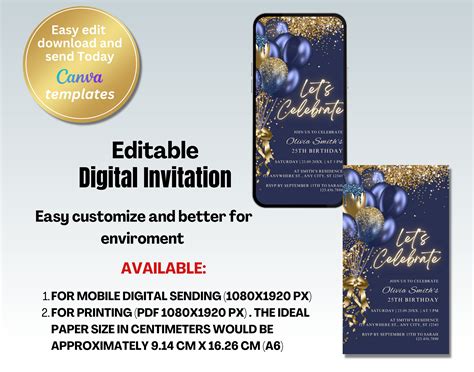 Electronic Navy Gold Birthday Party Invitation Navy Blue Gold Balloons Phone Text Message