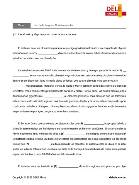 Uso De La Lengua El Sistema Solar Comprensi N De Lectura