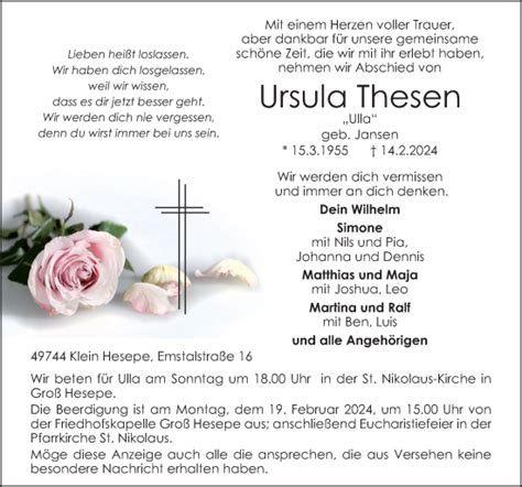 Traueranzeigen Von Ursula Thesen Noz Trauerportal