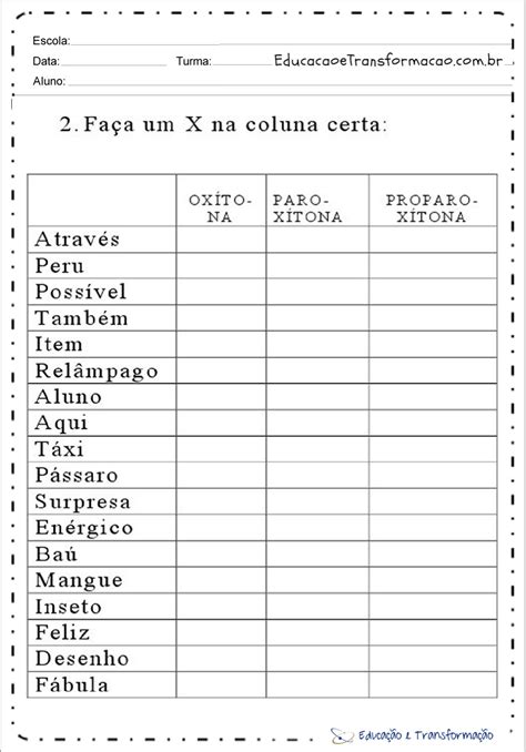 Atividade Sobre Oxitona Paroxitona E Proparoxitona 5 Ano