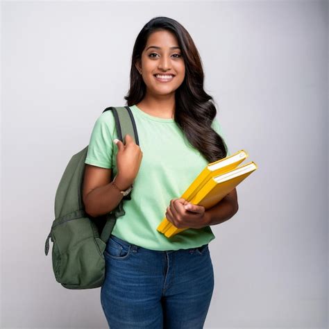 A Woman Wearing A Green Shirt With A Book In Her Hand Premium AI