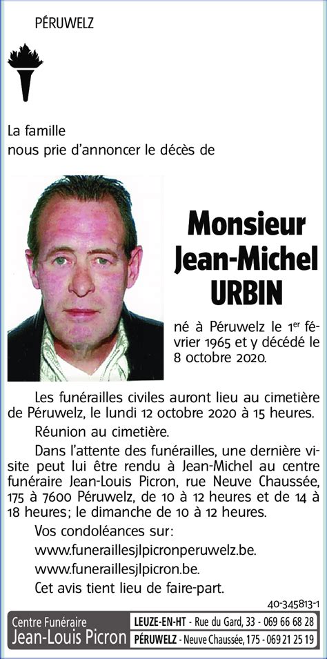 Avis De Décès De Jean Michel Urbin Décédé Le 08102020 à Péruwelz