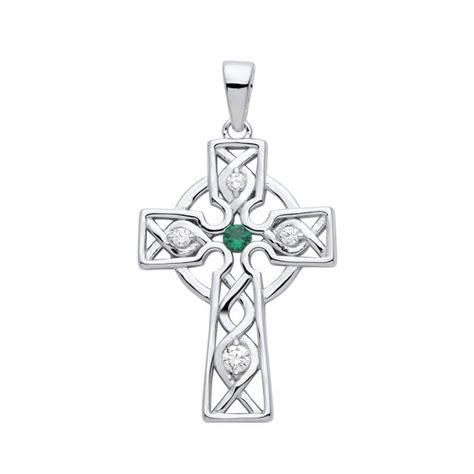 925 Sterling Silver CZ Emerald Celtic Trinity Knot Cross Pendant