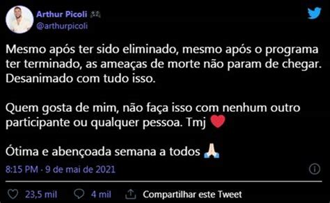 Arthur Picoli desabafa sobre ameaças de morte depois da eliminação do