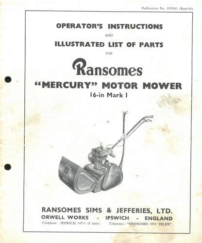 Ransomes Mercury Motor Mower Lawnmower Operators Manual With Parts List Original