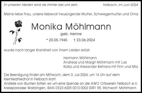 Traueranzeigen von Monika Möhlmann stuttgart gedenkt de