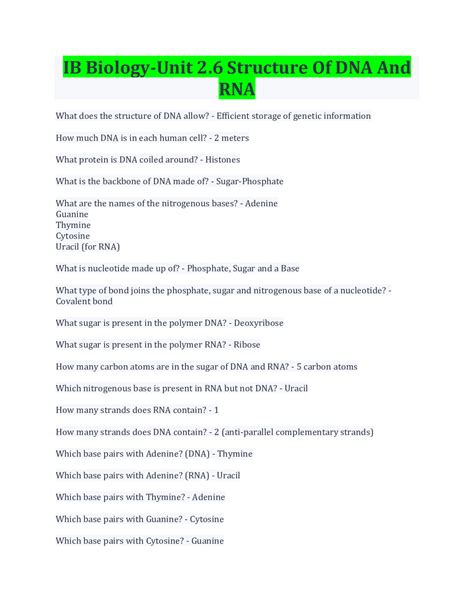 IB Biology Unit 2 6 Structure Of DNA And RNA Questions And Answers