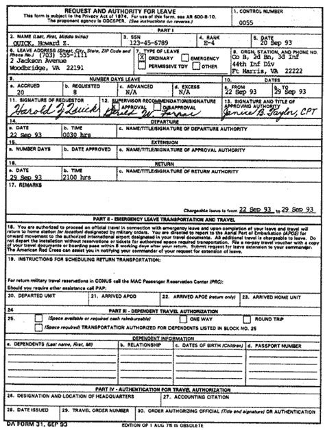 Sample Of Completed Da Form 31