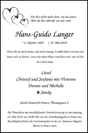 Traueranzeigen Von Hans Guido Langer Trauer In Nrw De