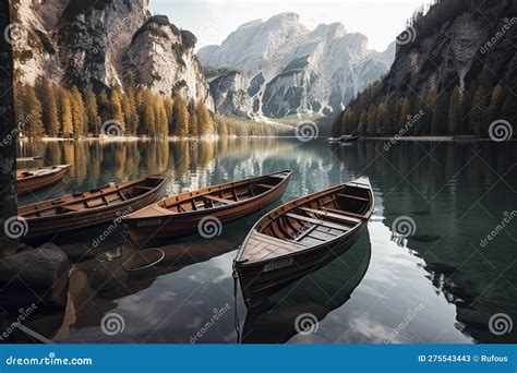 Boats On The Braies Lake Pragser Wildsee In Dolomites Mountains